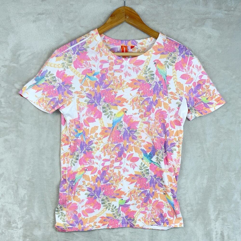 Vintage Y2K Juice Men's T Shirt Small AOP Tropical Parrot Summer White Lotus
